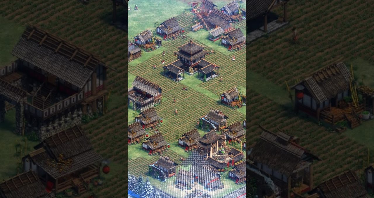 Small medieval Asian village with rice paddies, wooden houses, and a central pavilion.