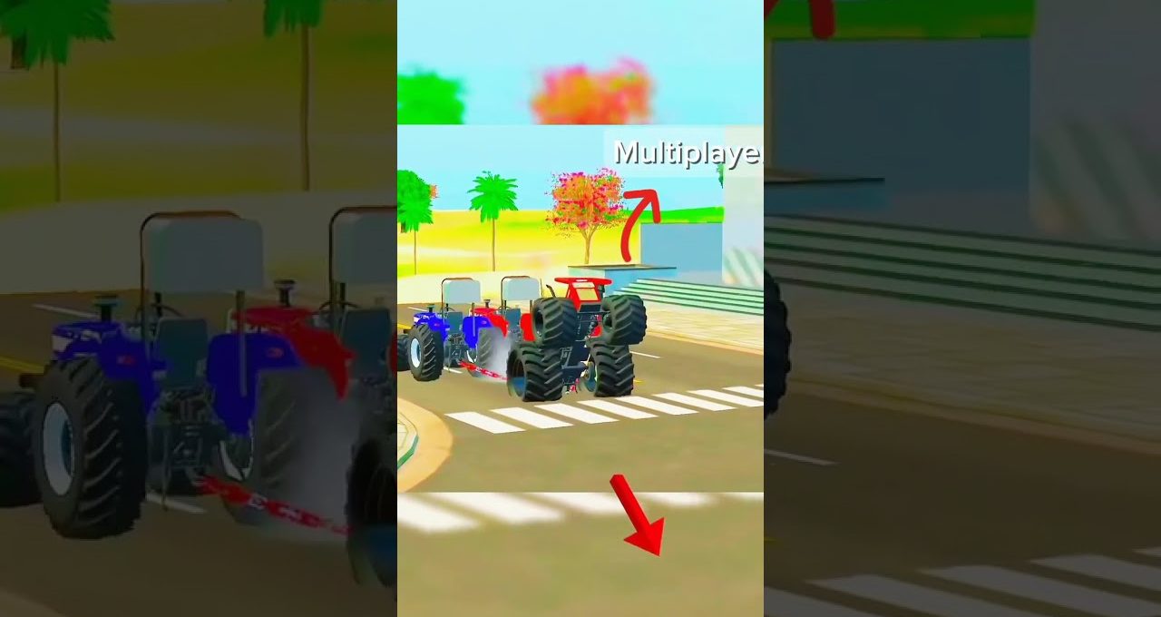 Two colorful tractors racing on a sunny coastal road with palm trees nearby