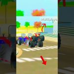 Two colorful tractors racing on a sunny coastal road with palm trees nearby