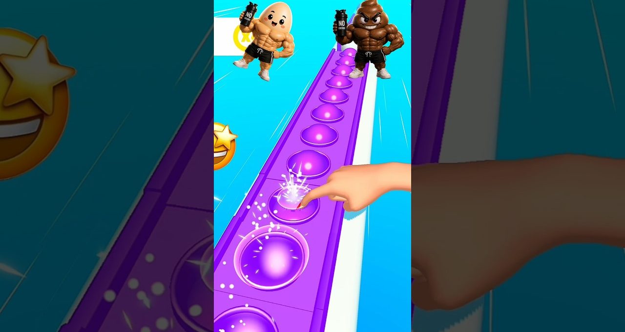 Hand tapping glowing purple buttons on a game track with muscle emoji characters