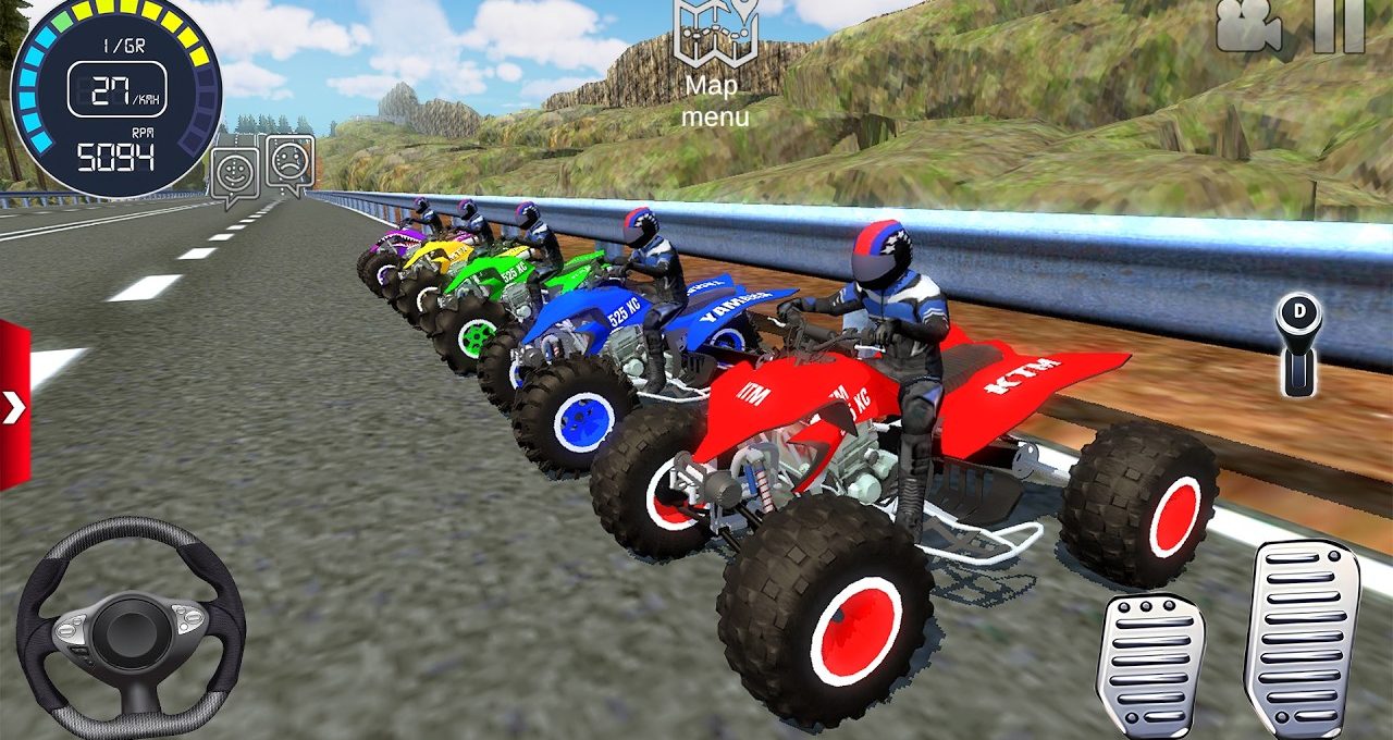 Row of colorful ATVs with riders lined up on a mountain roadside racetrack.