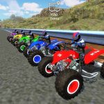 Row of colorful ATVs with riders lined up on a mountain roadside racetrack.
