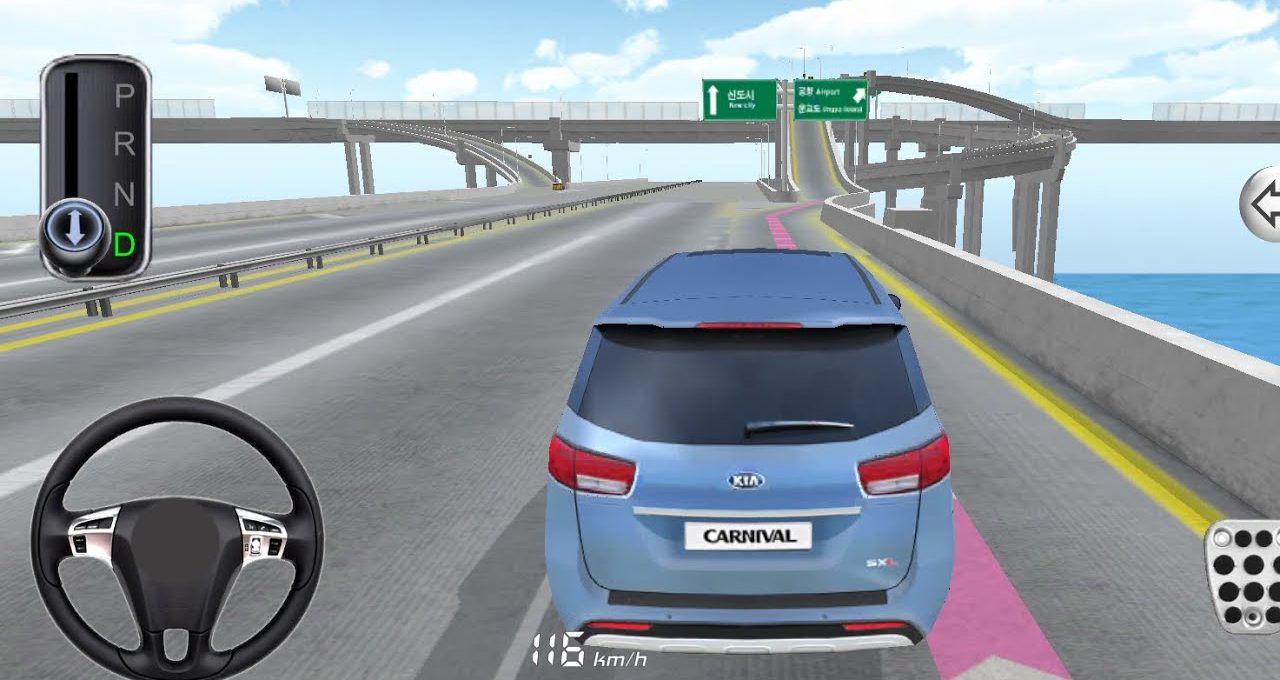 Blue Kia Carnival driving on elevated highway toward ramp in a car driving game