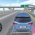 Blue Kia Carnival driving on elevated highway toward ramp in a car driving game