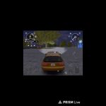 Rear view of a yellow car driving at night in a video game scene