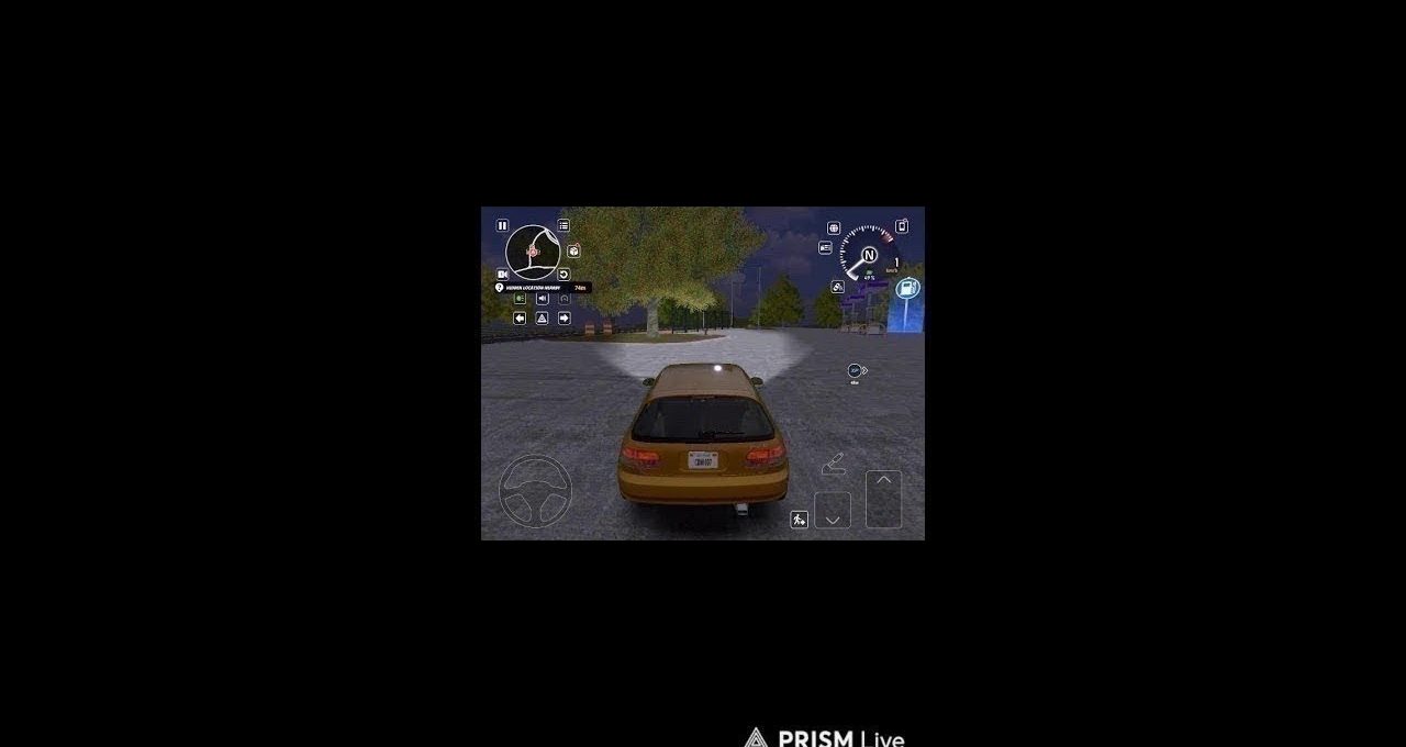 Rear view of a car driving at night in an open game environment