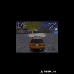 Rear view of a car driving at night in an open game environment
