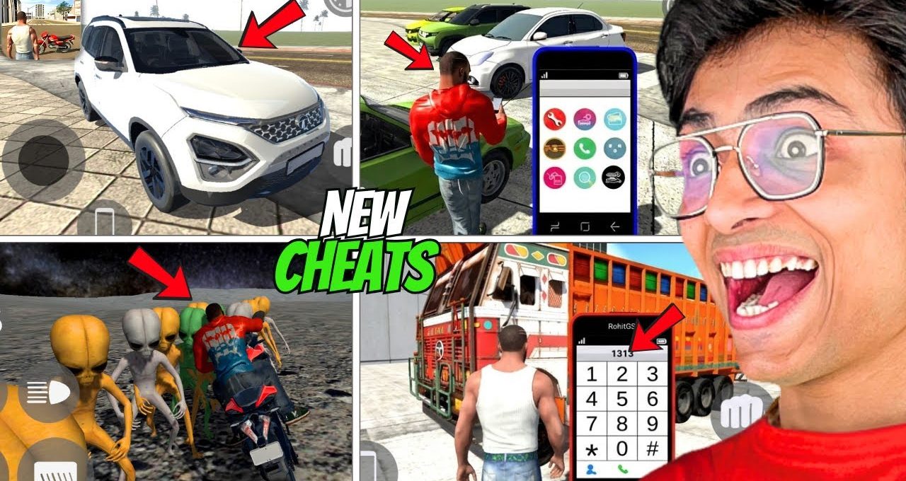 Collage of game screenshots showing cars, characters, aliens, phone cheats, and excited player
