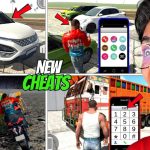 Collage of game screenshots showing cars, characters, aliens, phone cheats, and excited player