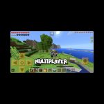 Two players standing on grassy Minecraft island with HUD and "MULTIPLAYER" text