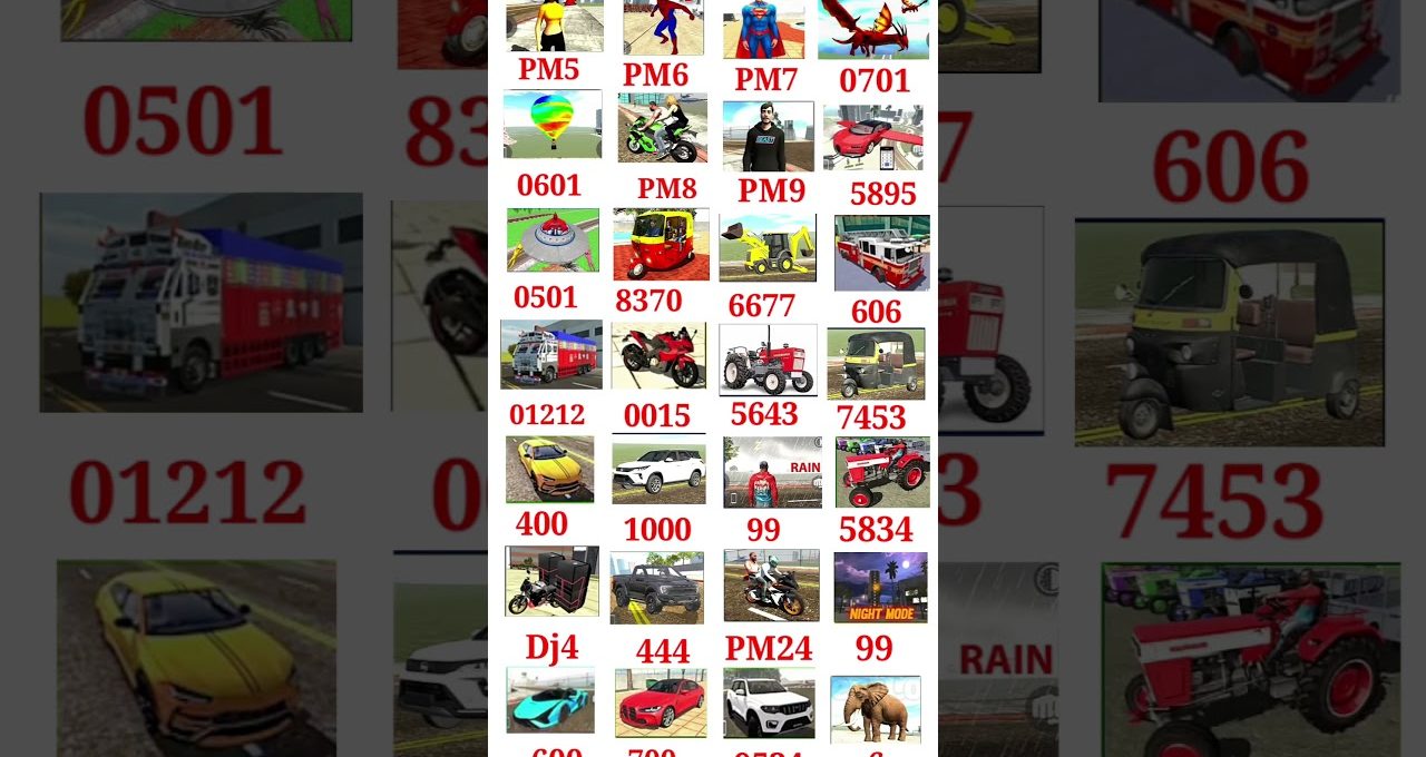 Grid of small vehicle and character thumbnails with red numeric labels beneath each image