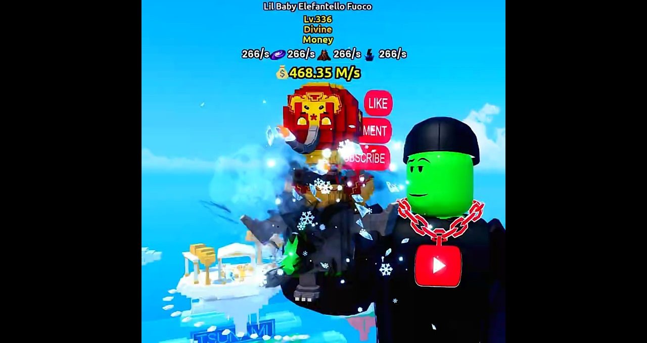 Roblox avatar with green face and YouTube pendant holding a glowing elephant pet