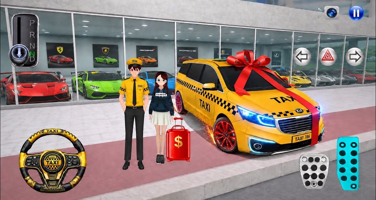 Animated taxi with giant red bow beside driver and passenger outside luxury showroom
