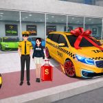 Animated taxi with giant red bow beside driver and passenger outside luxury showroom