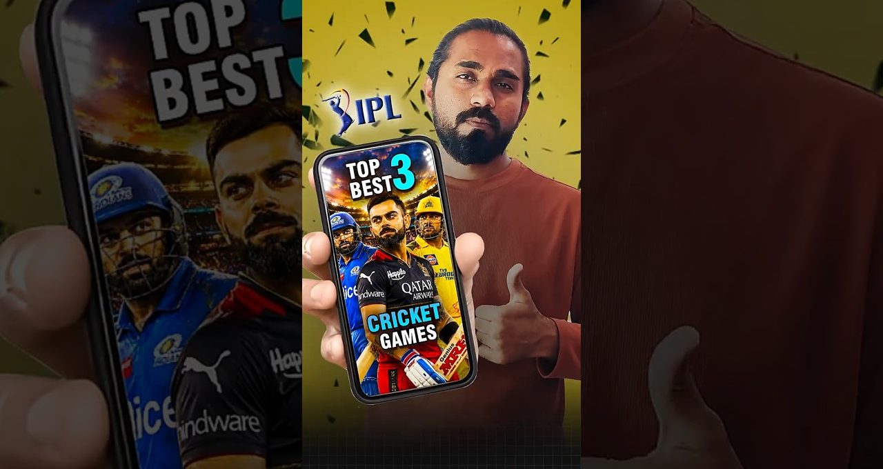 Man holding phone showing "Top 3 Cricket Games" graphic with IPL players, yellow background