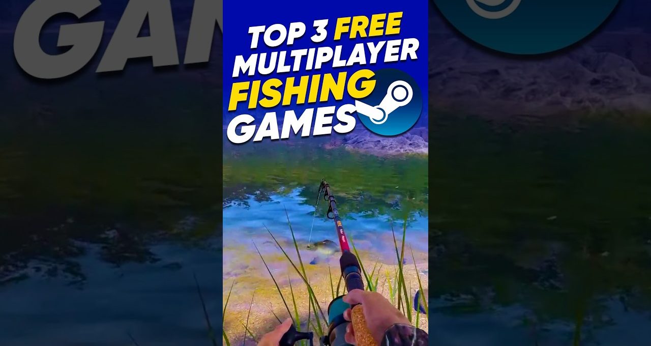 Person holding a fishing rod by a lakeshore with text about free fishing games