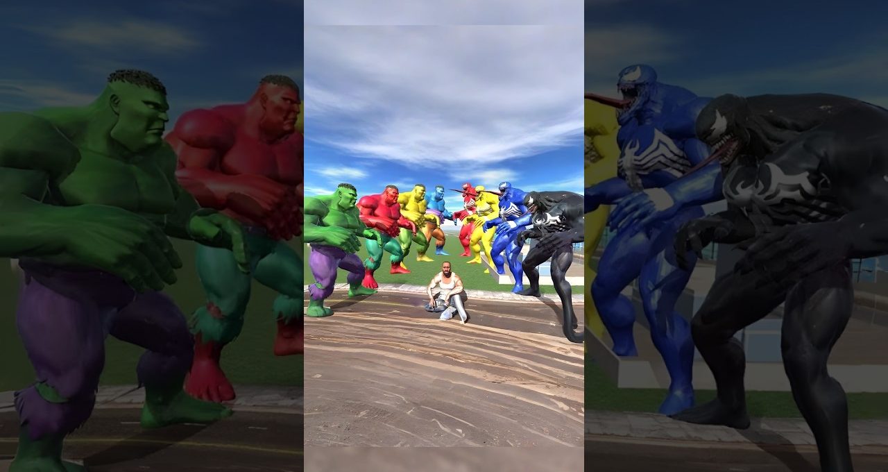 Man kneeling surrounded by colorful Hulk and Venom-like giant creatures in park