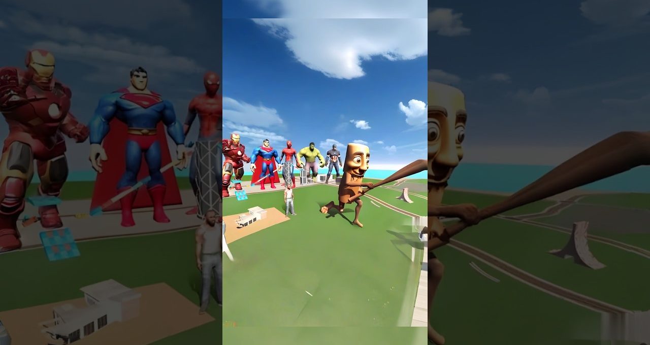 Cartoonish giant wooden figure swinging a bat near a row of superhero statues