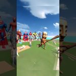 Cartoonish giant wooden figure swinging a bat near a row of superhero statues