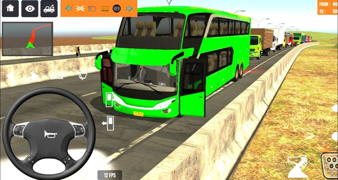 Bright green double-decker bus stopped on highway with traffic jam behind it