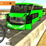 Bright green double-decker bus stopped on highway with traffic jam behind it