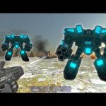 Player viewpoint aiming futuristic glowing blue mechs on snowy, smoke-filled battlefield