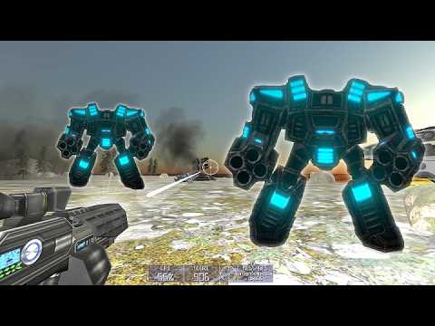 Player viewpoint aiming futuristic glowing blue mechs on snowy, smoke-filled battlefield