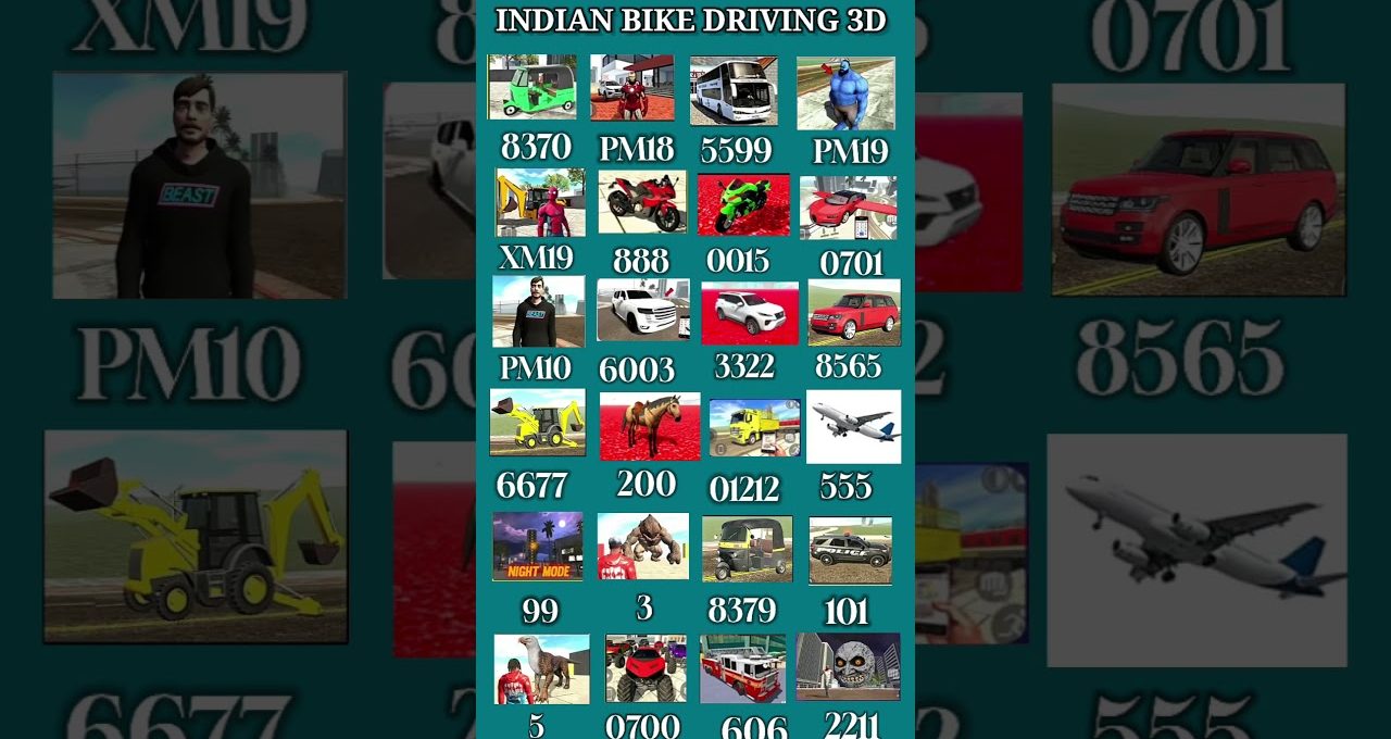 Grid of small vehicle and character icons titled "Indian Bike Driving 3D" with codes.