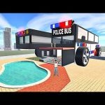 Large blocky "police bus" building with oversized wheels beside a swimming pool.