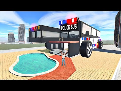 Large blocky "police bus" building with oversized wheels beside a swimming pool.
