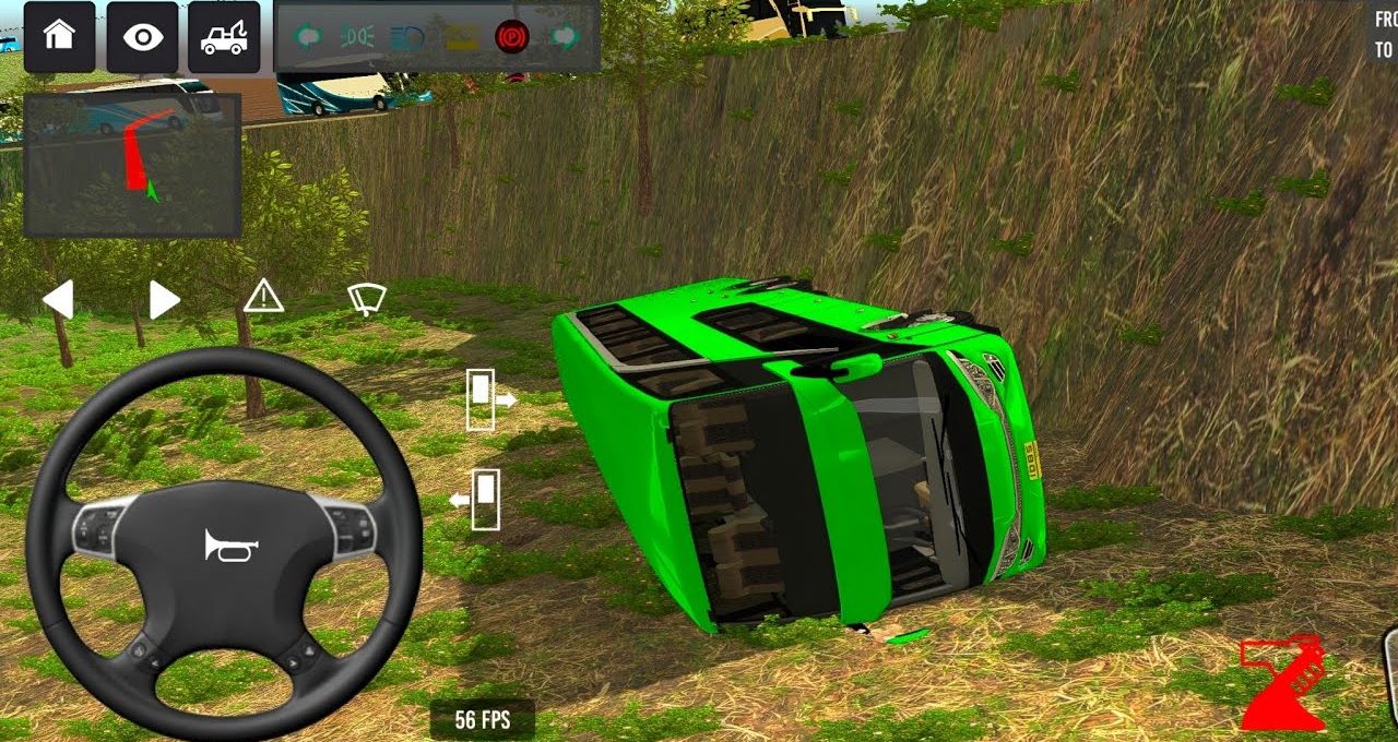 Bright green bus tipped on its side beside a grassy embankment in driving game