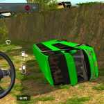 Bright green bus tipped on its side beside a grassy embankment in driving game