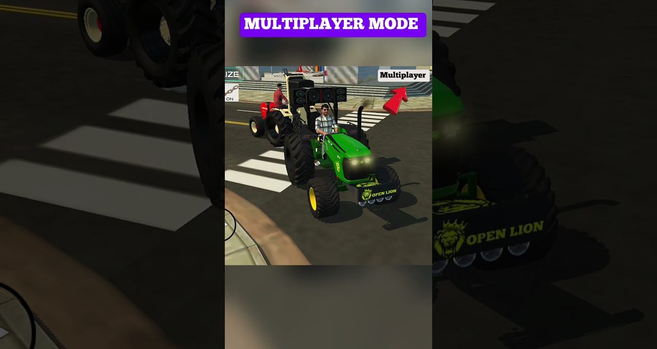 Two players driving green and red tractors in a city street multiplayer game
