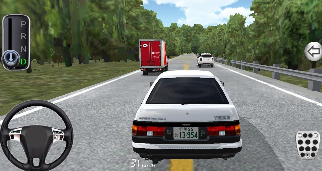 Rear view of a white car driving on a two-lane road through trees
