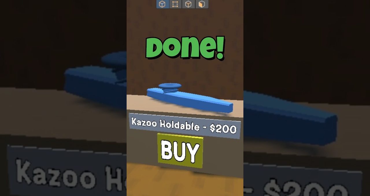 Blue holdable kazoo model displayed on a shop screen with "BUY" button.