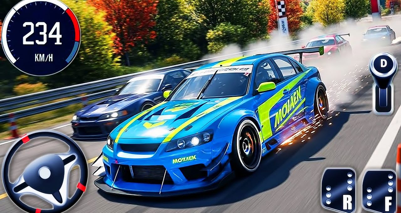 Blue racing car drifting on a highway surrounded by competing cars and speed HUD