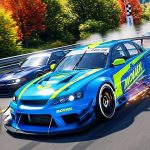 Blue racing car drifting on a highway surrounded by competing cars and speed HUD