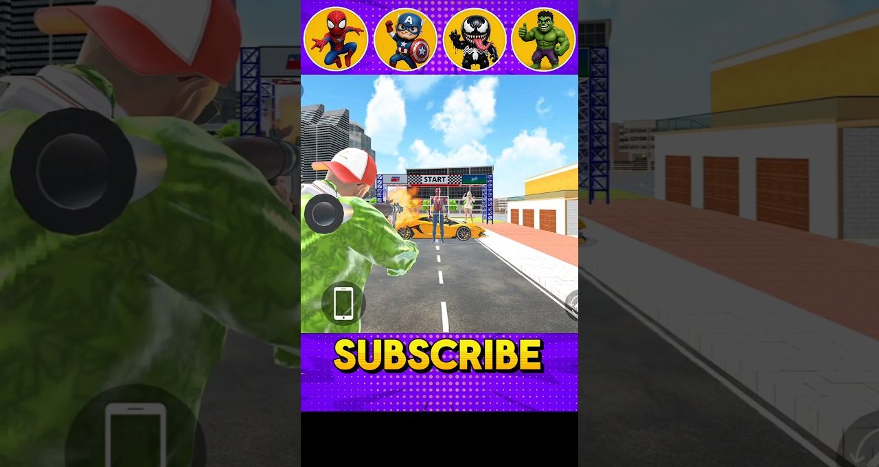 Game character aiming rocket launcher at burning sports car on city street starting line