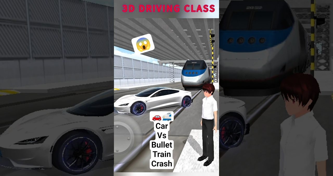 Animated scene showing a white sports car facing an oncoming bullet train at a station