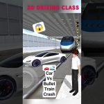 Animated scene showing a white sports car facing an oncoming bullet train at a station