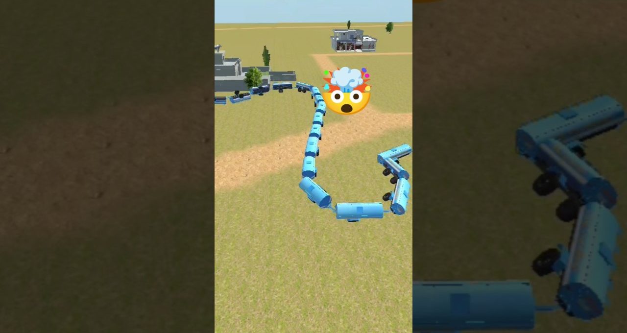 Long blue train derailed and twisted across grassy field near distant buildings, shocked emoji