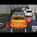Orange police car navigating underground tunnel with traffic officer directing vehicles.