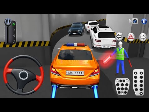 Orange police car navigating underground tunnel with traffic officer directing vehicles.