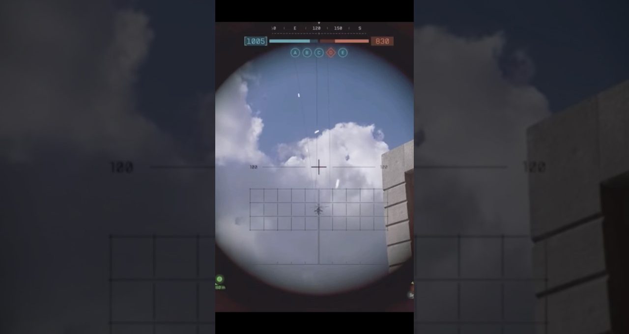 Sniper scope view aimed at a distant aircraft against cloudy blue daytime sky