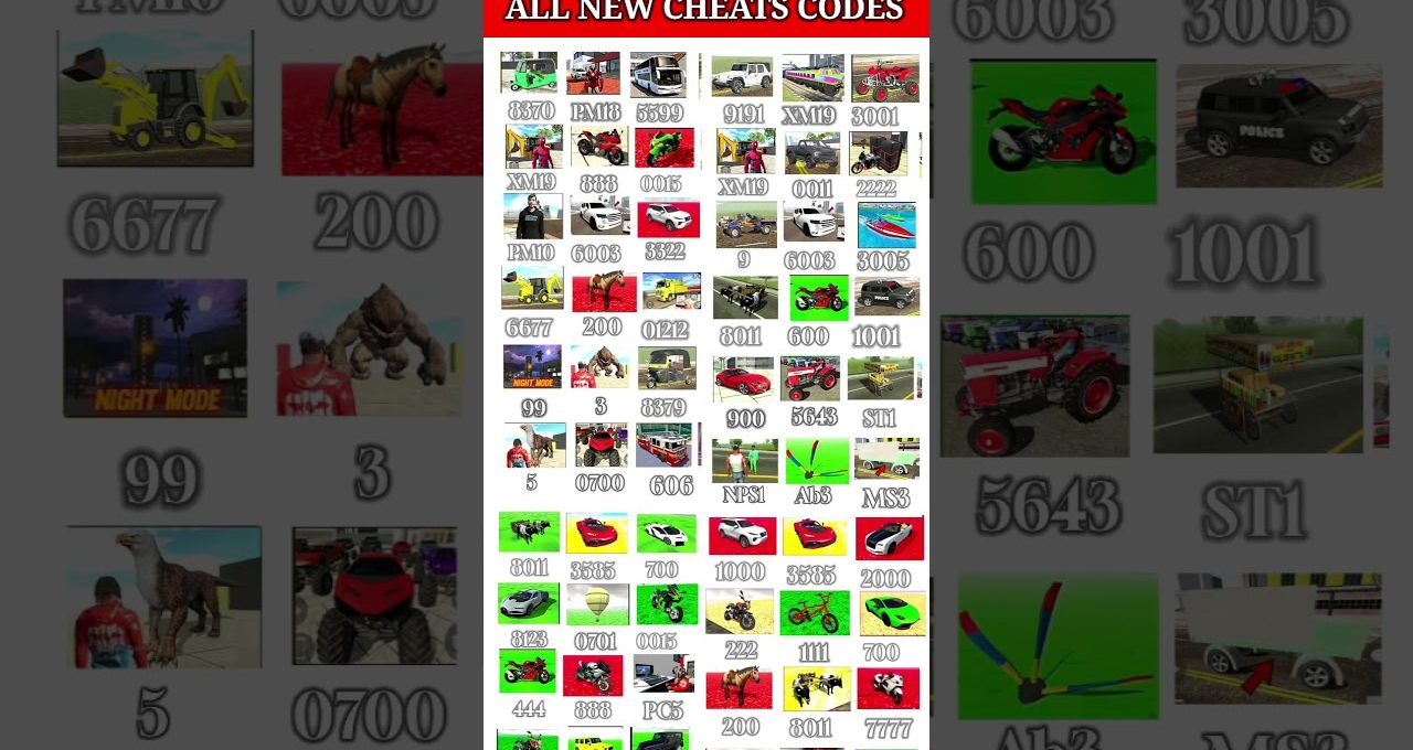 Grid of colorful GTA-style cheat code icons and codes under an "All New Cheats Codes" header