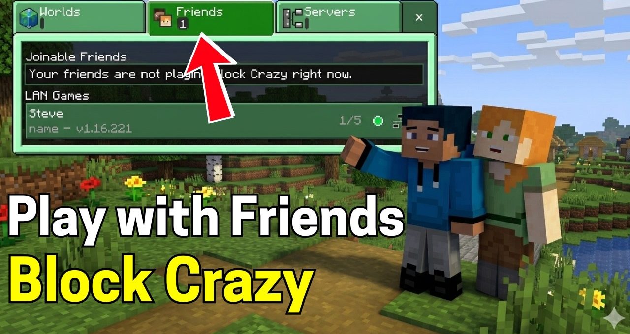 Minecraft menu showing friends tab with two player characters and "Play with Friends" text