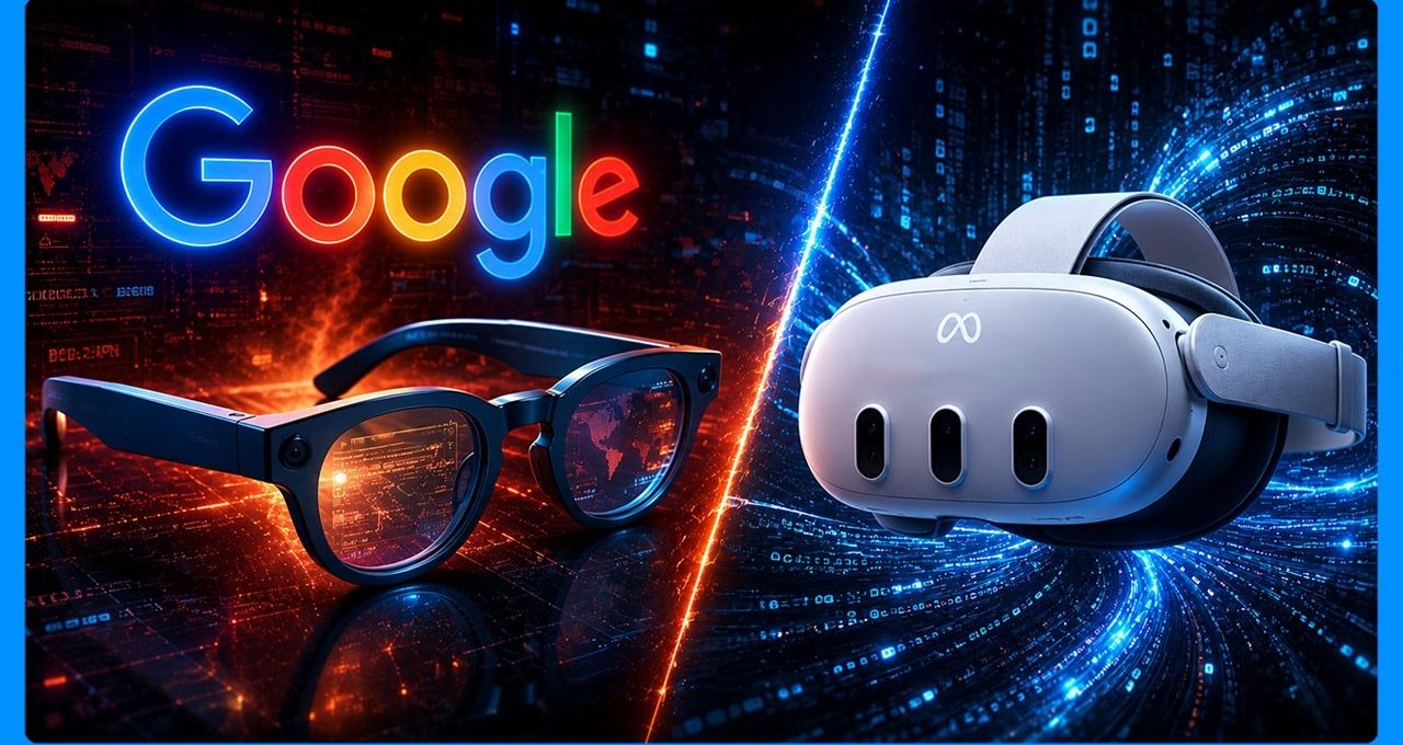 Split-scene showing Google logo with AR smart glasses on left and VR headset on right