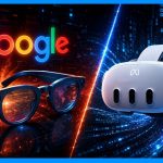 Split-scene showing Google logo with AR smart glasses on left and VR headset on right
