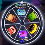 Spinning prize wheel showing six colorful pet icons and names in a game interface