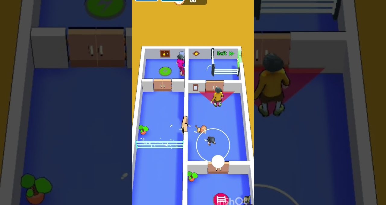 Top-down mobile game level showing players navigating small blue rooms with obstacles.